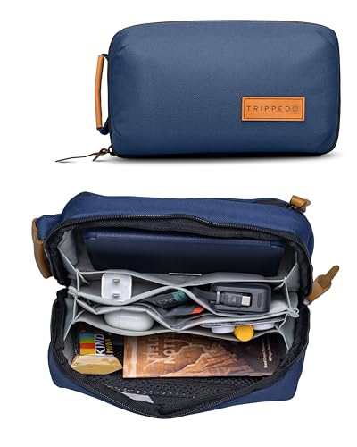 TRIPPED Travel Gear Tech Bag Organizer - Small Electronics Organizer Pouch for Travel - Premium Travel Case with Leather Accents - Mesh Pocket for Cables, Cords and Chargers (Navy) - color: Navy