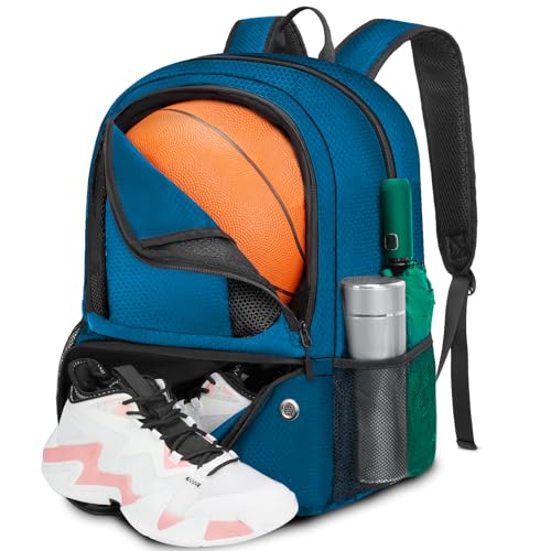YOREPEK Basketball Backpack, Lightweight Basketball Bag with Ball Holder & Shoes Compartment, Sports Backpack Training Equipment Fit Soccer Volleyball Football - color: Blue