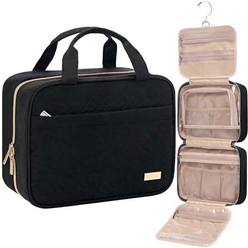 NISHEL Travel Toiletry Bag for women, Portable Hanging Organizer for Travel-Sized Shampoo, Conditioner, Brushes Set, makeup Accessories, Medium Size, Black - color: Black, size: Medium