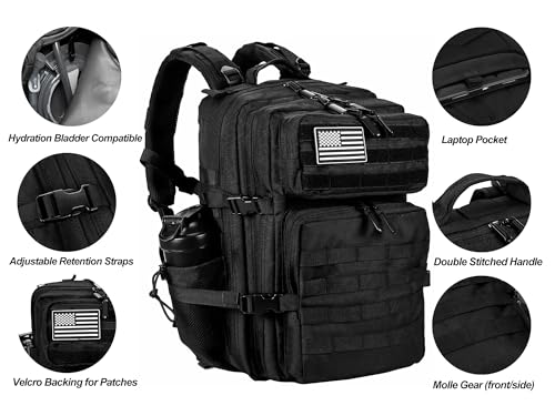 LHI Military Tactical Backpack for Men and Women 45L Army 3 Days Assault Pack Bag Large Rucksack with Molle System - Black - color: 1.0 Black