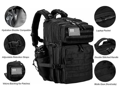 LHI Military Tactical Backpack for Men and Women 45L Army 3 Days Assault Pack Bag Large Rucksack with Molle System - Black - color: 1.0 Black