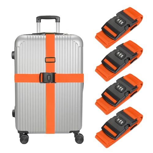 MECCANIXITY Luggage Straps with Combination Lock Adjustable Suitcase Belt Strap for Suitcase Briefcase Backpack Travel, Orange-Red, Pack of 4 - color: Orange-Red
