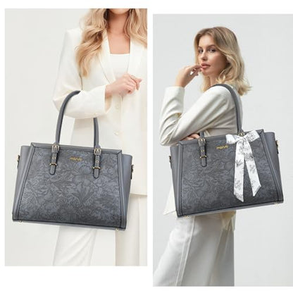 MOSISO Laptop Bag for Women, 17-17.3 inch PU Leather Tote Bag Compatible with MacBook, HP, Dell, Asus Notebook, Front Embossed Retro Hibiscus Computer Bags with Silk Scarf&Clutch Purse, Gray - color: Gray, size: 17.3 inch