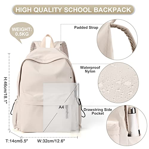 Beige School Backpack for Girls Water Resistant High School Book Bag Simple Backpack for Teens Boys Girls, Lightweight Middle School Back Pack Daypack - color: Beige