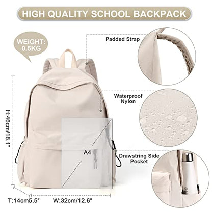 Beige School Backpack for Girls Water Resistant High School Book Bag Simple Backpack for Teens Boys Girls, Lightweight Middle School Back Pack Daypack - color: Beige