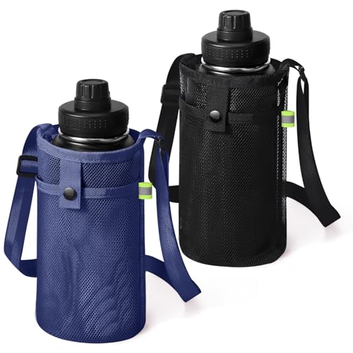 BINSUNS 2 Pcs Large Water Bottle Bag with Strap, Mesh Water Bottle Carrier Holder Crossbody Water Sling Bag Shoulder Strap and Pocket - Walking Sports Hiking Camping (Black+Blue) - color: Black+Blue, size: 2 Pcs-Large
