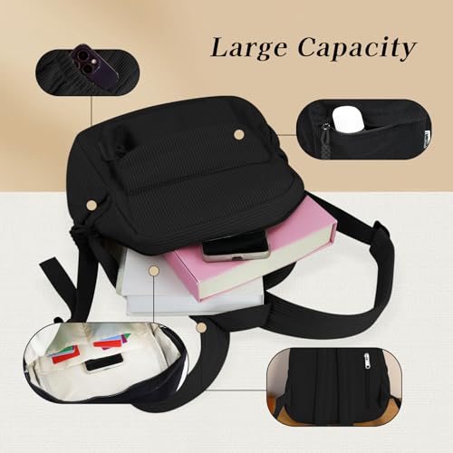 Women’s Small Backpack, Ladies Lightweight Corduroy Backpack, Casual Multi Compartments Travel Daypack Purse (Black) - color: Black