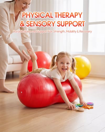 Premium Peanut Ball - 100x50cm Anti-Burst Exercise Ball for Physical Therapy, Pregnancy Labor & Home Fitness Sensory| Non-Slip Design | Quick-Inflate Pump Included - color: red