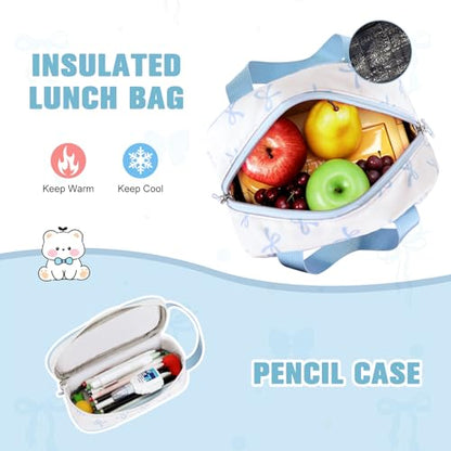 Bevalsa Backpack for Girls 3PCS Teen Girls Bow Backpack for School with Lunch Bag Pencil Case Blue Cute Kids Laptop Backpacks Bookbag for Elementary Middle High School College Student (Bow) - color: Blue Bow