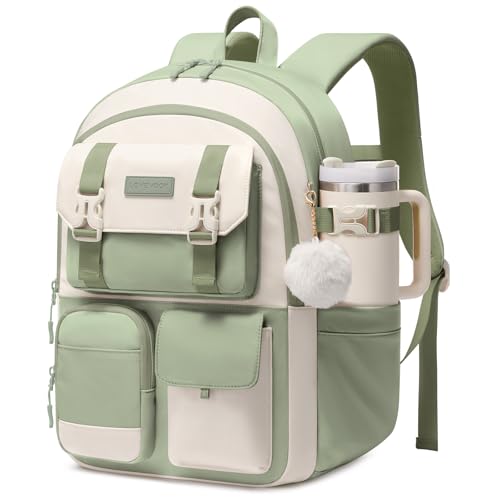 LOVEVOOK School Backpack for Teen Girls,Student Backpack Purse for 8-16 Teenage,Cute Kid Bookbag with Large Cup Holder,Back to School Backpack Fit 15.6 Inch Laptop,College Travel Bag for Daughter Gift - color: Green-white, size: 15.6 inch