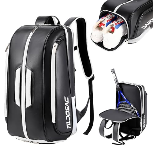 Tennis Racket Bag Pickleball Padel Backpack With Shoe Compartment, Laptop Sleeve,Fence Hook,Ball Sleeve - color: Black-White