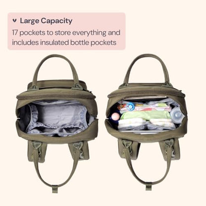 BabbleRoo Diaper Bag Backpack - Baby Essentials Travel Tote - Multi Function Water Resistant Diaper Bag, Travel Essentials Baby Bag with Changing Pad, Stroller Straps & Pacifier Case - Army Green - color: Army Green, size: Large