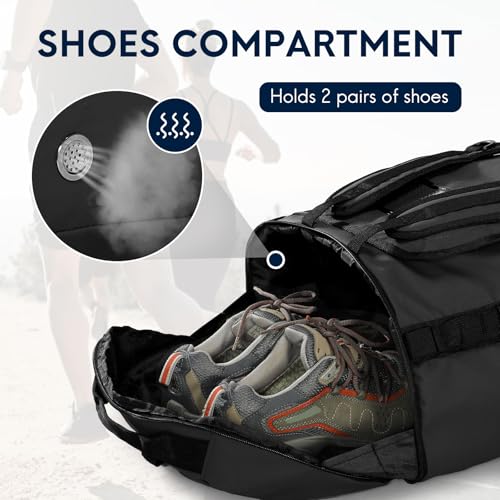 Haimont Foldable Duffel Bag Backpack with Shoe Compartment Water Resistant Large Travel Duffle Bag for Men Women to Hiking Camping Gym Sports, 50L, Upgrade, Black - color: Black