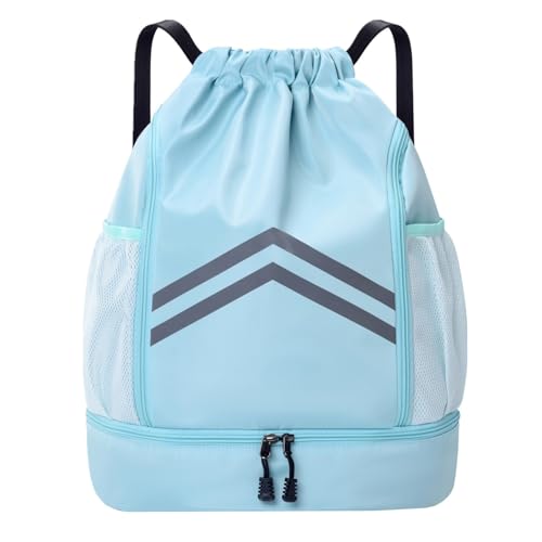 Drawstring Backpack - Water Resistant Gym Drawstring Bags with Shoes Compartment and Water Bottle Holder Pockets - String Cinch Bag - Draw String Back Pack for Men and Women (Light Blue) - color: Light Blue