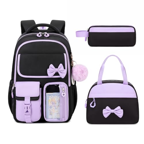 Girls Backpack, School Backpack for Girls, Cute Bow Kids Bookbag for Grils Children Teens for Elementary Middle High School Student, Back To School, Black Purple 3pcs - color: Black Purple-3pcs