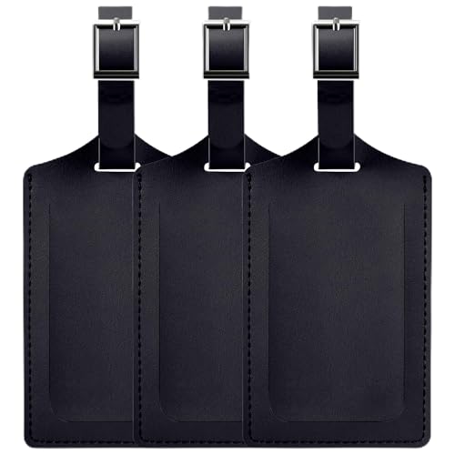 Travelambo Luggage Tags for Suitcases Faux Leather Privacy Protection 3 Pack Bag Tags Travel Accessories Essential, Black - color: Black