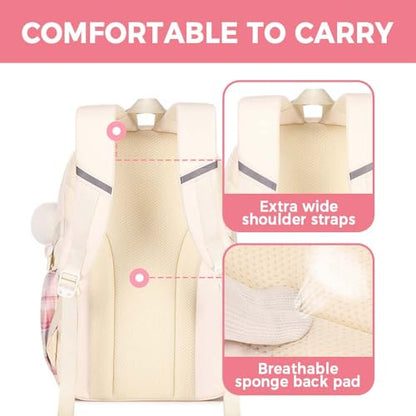 Cute College Laptop Backpack for Women Large Capacity Preppy Aesthetic Computer Bag Kawaii Pink Daypack with Pendant (Beige) - color: Beige