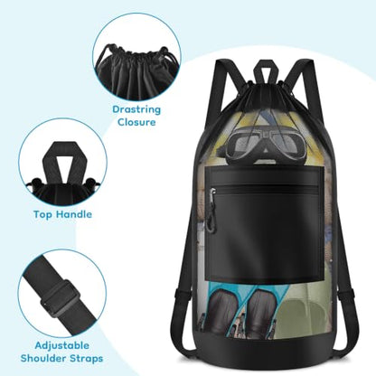 BROTOU Drawstring Backpack Gym String Bag with Pocket for Men Women Heavy Duty Mesh Bag Sport Equipment Bag for Swimming Yoga Beach Laundry - color: Black backpack-1pc
