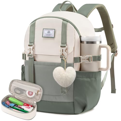 LOVEVOOK School Backpack for Teen Girls, Waterproof Travel College Bookbag for Middle High School with Large Cup Holder & Pencil Case, Fits 15.6'' Laptop, Cute Aesthetic Kids Student Backpack - color: Bean Green