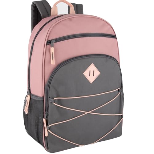 Summit Ridge Boys and Girls School Backpacks with Bungee Cord Front | 17” Multi Pocket Backpack for Kids, Teens, Adults, Travel (Pink/Grey) - color: Pink/Grey