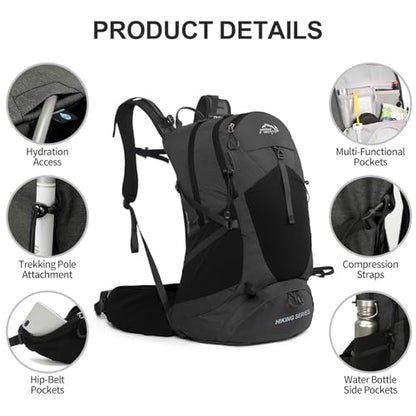 IX INOXTO Hiking Backpack, Waterproof Hiking Daypack with Rain Cover, Lightweight Travel Camping Backpack for Men Women (Black Without 3L)