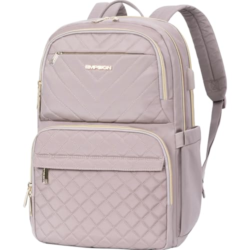 EMPSIGN Laptop Backpack Purse for Women and Men with USB Charging Port, 15.6 Inch Travel Water Resistant Quilted Backpack, High-Capacity 30L Work Business Computer Backpack, Quilted Grey Pink - color: Grey Pink, size: 15.6 Inch