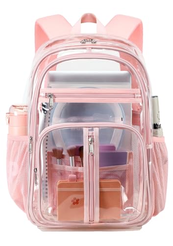 Cusangel XL TPU Clear Backpack Heavy Duty for Stadiums, 18in School Bookbag Teens 15+ boys Girls and Adults Multi-Pocket Design & Reinforced Stitching (Pink-18inch) - color: Pink-18inch