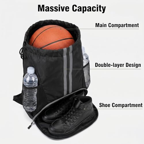 2-Pack Drawstring Backpack Bags with Shoe Compartment, Large Capacity Basketball Bag, Water-Resistant, Lightweight, for Soccer, Basketball, Sports, Swimming, Beach, Soccer Bag for Men