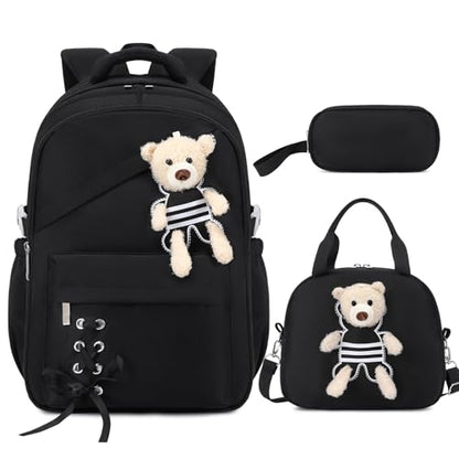 ACESAK School Backpack for Girls - 3 PCS Cute Girls Backpack with Lunch Box & Pencil Case - Kawaii Casual Kids Bookbag School Bag Daypacks Set for Elementary Middle High School Student Teens (Black) - color: Black