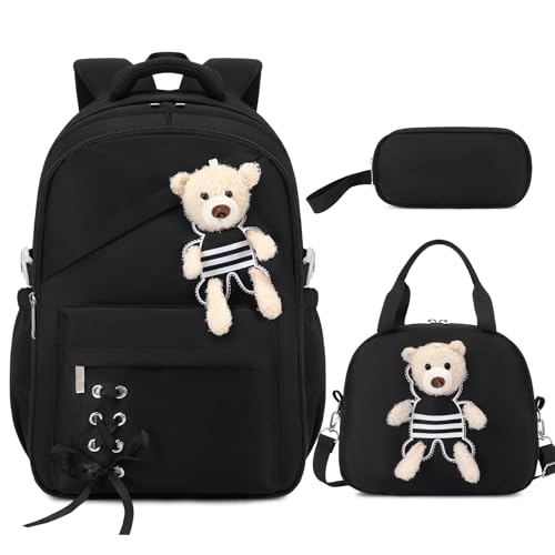 ACESAK School Backpack for Girls - 3 PCS Cute Girls Backpack with Lunch Box & Pencil Case - Kawaii Casual Kids Bookbag School Bag Daypacks Set for Elementary Middle High School Student Teens (Black) - color: Black