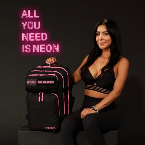 WOLFpak 45L Athletic Gym Backpack (Neon Pink) Durable 1000D Waterproof Oxford Material with MOLLE Webbing, Laptop Pocket & Dual Cup Holders, Durable Fitness/Travel/Military Daypack - color: Neon Pink