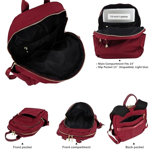 M-ioi-M Medium Backpack Purse for Women, Fashion Nylon Daypack with Gold Hardware, Lightweight Water-Resistant Rucksack for College, Work, Travel, Everyday Use, Fits 13–14" Laptop (Wine Red,Medium) - color: Wine Red,medium