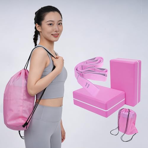 2 Pack Yoga Blocks 350g High Density, Non-Slip EVA Foam Brick with Bonus 11 loops Yoga Strap & Carry Bag, Pilates Block Set for Balance, Flexibility, Meditation, Home Gym & Studio - color: Pink Brick & Pink Band
