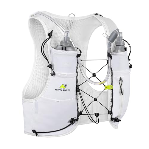 N NEVO RHINO Running Hydration Vest with 1.5L Water Bladder & Dual 500ml Soft Flask for Men Women,Adjustable Lightweight 5L Water Backpack for Hiking Trail Running Marathon Cycling - color: White, size: X-Large