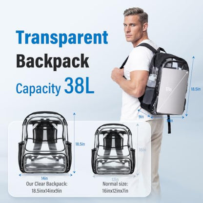 Heavy Duty Clear Backpack,18.5 inch Extra Large Clear Backpacks with Durable 0.5mm PVC,See Through Bookbag for Travel, Security,Work