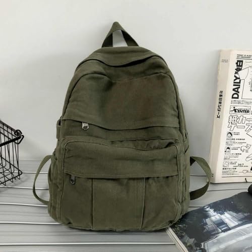 Military Green Canvas Backpack for Women & Men Retro Aesthetic Rucksack Basic Backpack for High School/College Students Travel Laptop Bag - color: Olive Green