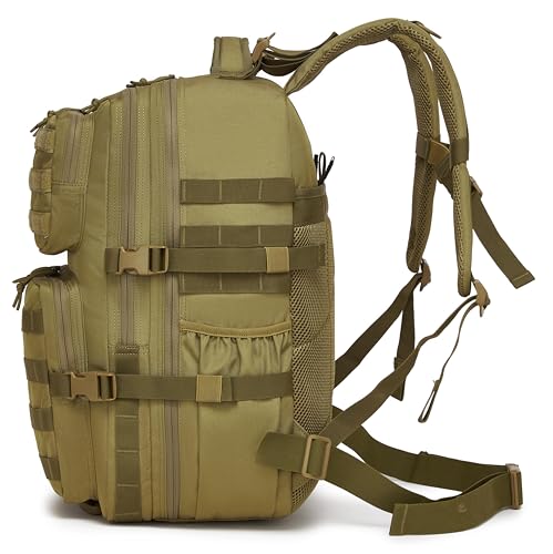 Wotony Military Tactical Backpack for Men Waterproof Daypack 3 Day Assault Pack Molle Bag with Water Bottle Holder - color: Khaki, size: 50L