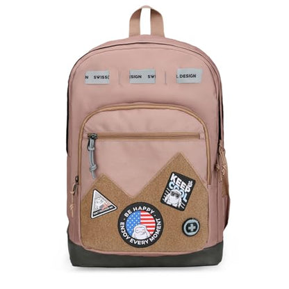 Swissdigital Design Big Student Laptop Backpack with Fun Personalized Patches For College Boy & Girl, Middle High School Teen Bookbag Cool Travel Daypack Mocha Brown - Includes 3 Patches | SD1718-35 - color: Mocha Brown