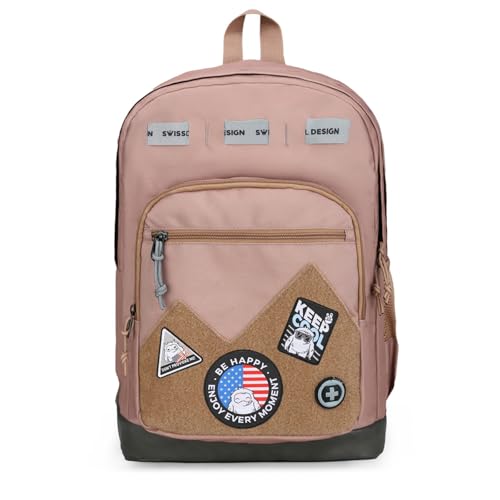Swissdigital Design Big Student Laptop Backpack with Fun Personalized Patches For College Boy & Girl, Middle High School Teen Bookbag Cool Travel Daypack Mocha Brown - Includes 3 Patches | SD1718-35 - color: Mocha Brown