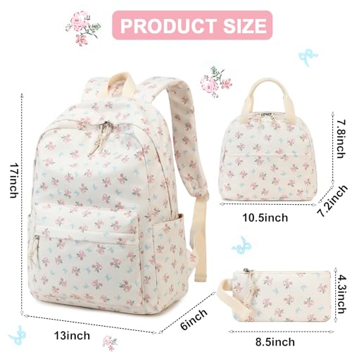 BTOOP School Backpacks for Teen Girls Bookbags Lightweight Kids Backpack School Bags Set with Lunch Box Pencil Case - color: Blue Bow-pink Flower