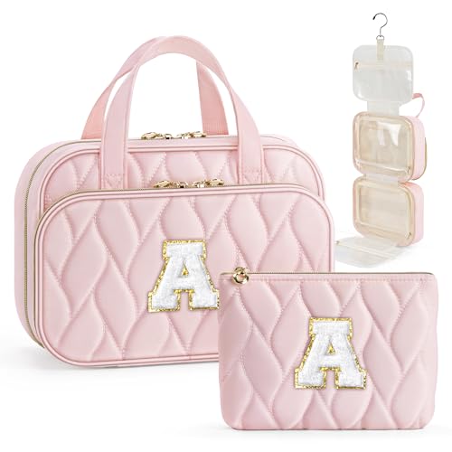 YOOLIFE Initial Hanging Toiletry Bag for Women Teen Girls Birthday Gifts for 8 9 10 11 12 13 14 15 16 Year Old Girls Hanging Travel Toiletry Bag Makeup Bags Gift for Women Teen Girl Kids Letter Pink A - color: Pink, style: A