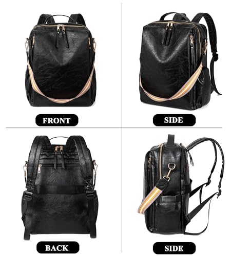 myfriday PU Leather Large Backpack Purse for Women Casual Travel Backpack Convertible Satchel Handbags With Luggage Strap (Black) - color: Black