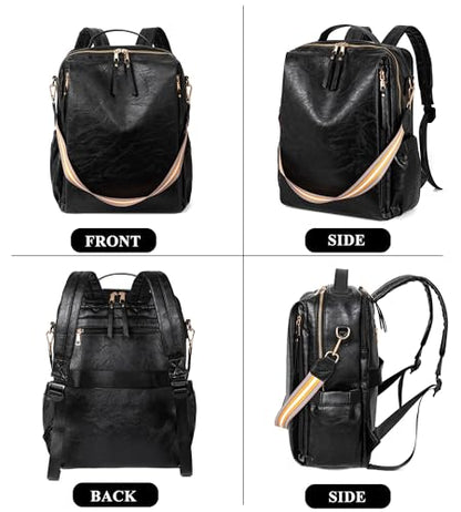 myfriday PU Leather Large Backpack Purse for Women Casual Travel Backpack Convertible Satchel Handbags With Luggage Strap (Black) - color: Black