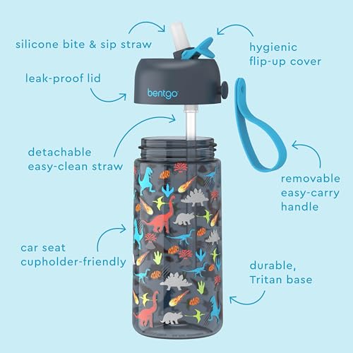 Bentgo Kids Water Bottle - Leak-Proof, Durable Tritan PFAS- & BPA-Free 15 fl oz, Kids/Toddlers Ages 3+ for School & Sports; Bite & Sip Spout, Carrying Handle, Dishwasher Safe (Dinosaur) - color: Dinosaur