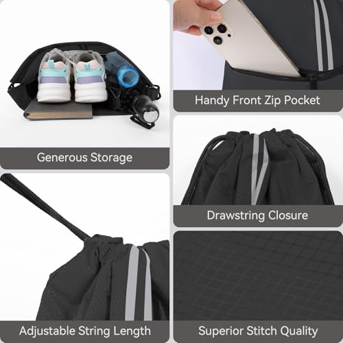 Drawstring Backpack Sports Gym Bag, Draw String Back Bag for Men Women, Lightweight Sackpack with Zipper Pocket, Durable Large Two Tone Black - color: Two Tone Black