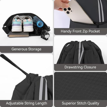 Drawstring Backpack Sports Gym Bag, Draw String Back Bag for Men Women, Lightweight Sackpack with Zipper Pocket, Durable Large Two Tone Black - color: Two Tone Black