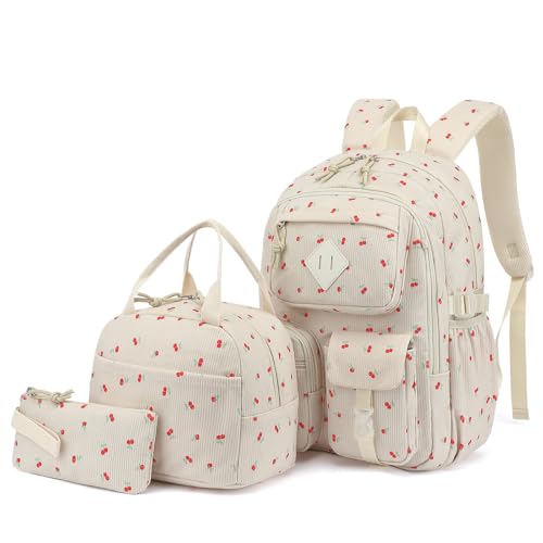 3Pcs Corduroy School Backpack for Girls, Kids Large Capacity School Bag Bookbags Set with Lunch Box and Pencil Bag (Corduroy Cherry) - color: Corduroy Cherry