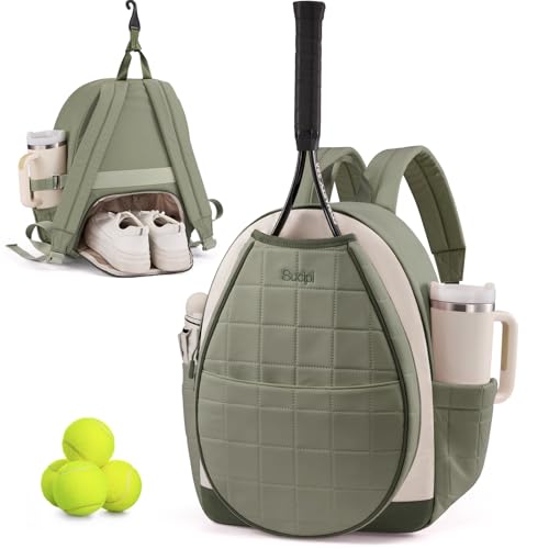 Sucipi Tennis Bags for Women, Quilted Tennis Racket Bag Backpack for Tennis Racquet, Pickleball Paddles, Badminton - color: Light Green-beige-olive green with cup holder, size: Medium with Shoe Compartment