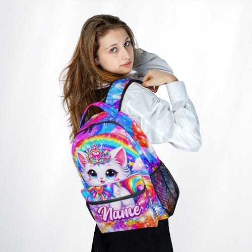 Toddler Backpack for Girls Personalized Cat School Bag - Customized Kindergarten Bookbag for Kids, Water Resistant Daypack for Elementary Students (17 Inch) - color: White