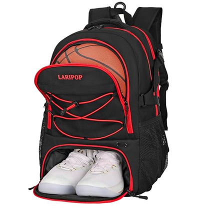 LARIPOP Basketball Backpack Large Basketball Bag with Ball Holder & Shoe Compartment for Adults Men Women - color: Red